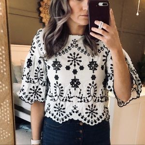 Zara floral embroidered flare sleeve blouse